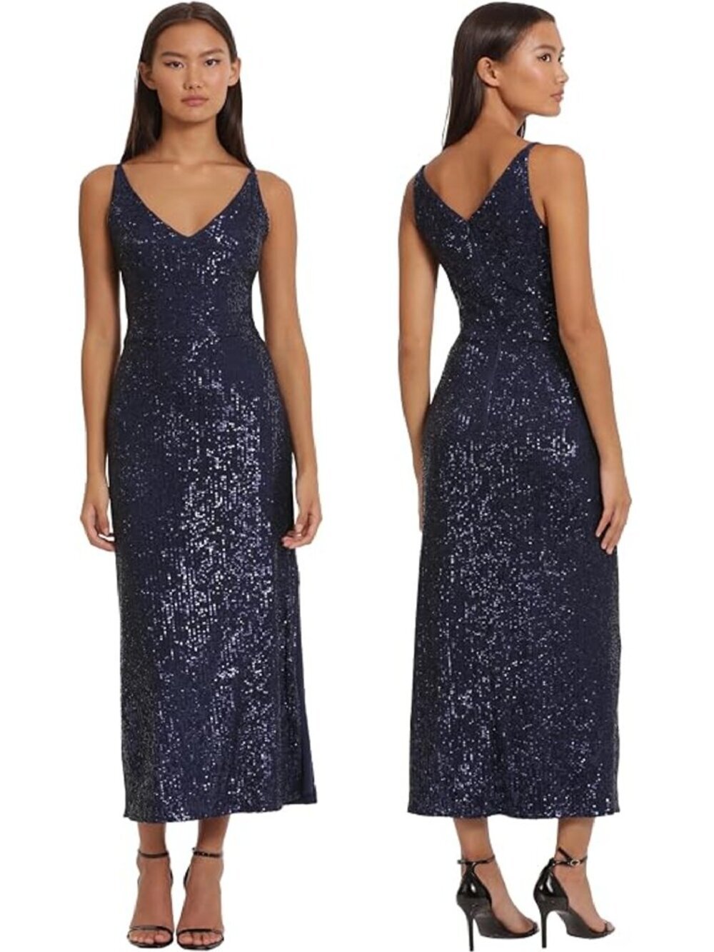 NWT New Donna Morgan Sequin V-Neck Navy Dress Size 14